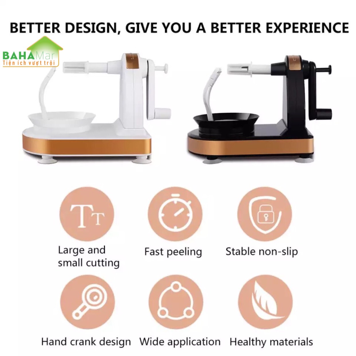 BỘ DỤNG CỤ GỌT - CẮT TRÁI CÂY TỰ ĐỘNG "BAHAMAR" Lưỡi dao quay cùng với trái cây, có thể nhanh chóng lột vỏ hoàn chỉnh, không lãng phí phần ruột