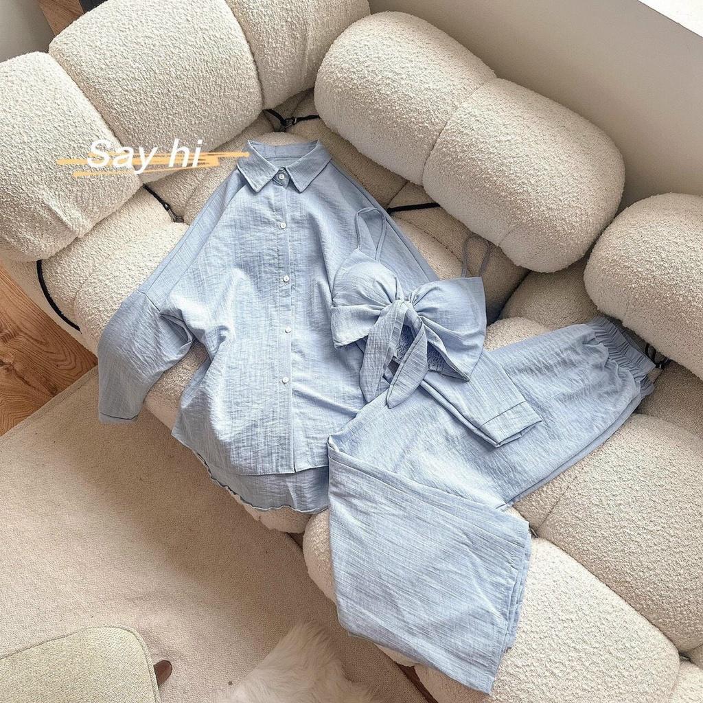 SET ĐI BIỂN, SET BỘ 3 MÓN ÁO KHOÁT SƠ MI TAY DÀI KẾT HỢP ÁO BRA CÓ DÂY THẮT NƠ VÀ QUẦN SUÔNG ỐNG RỘNG CỰC SANG CHẢNH - White