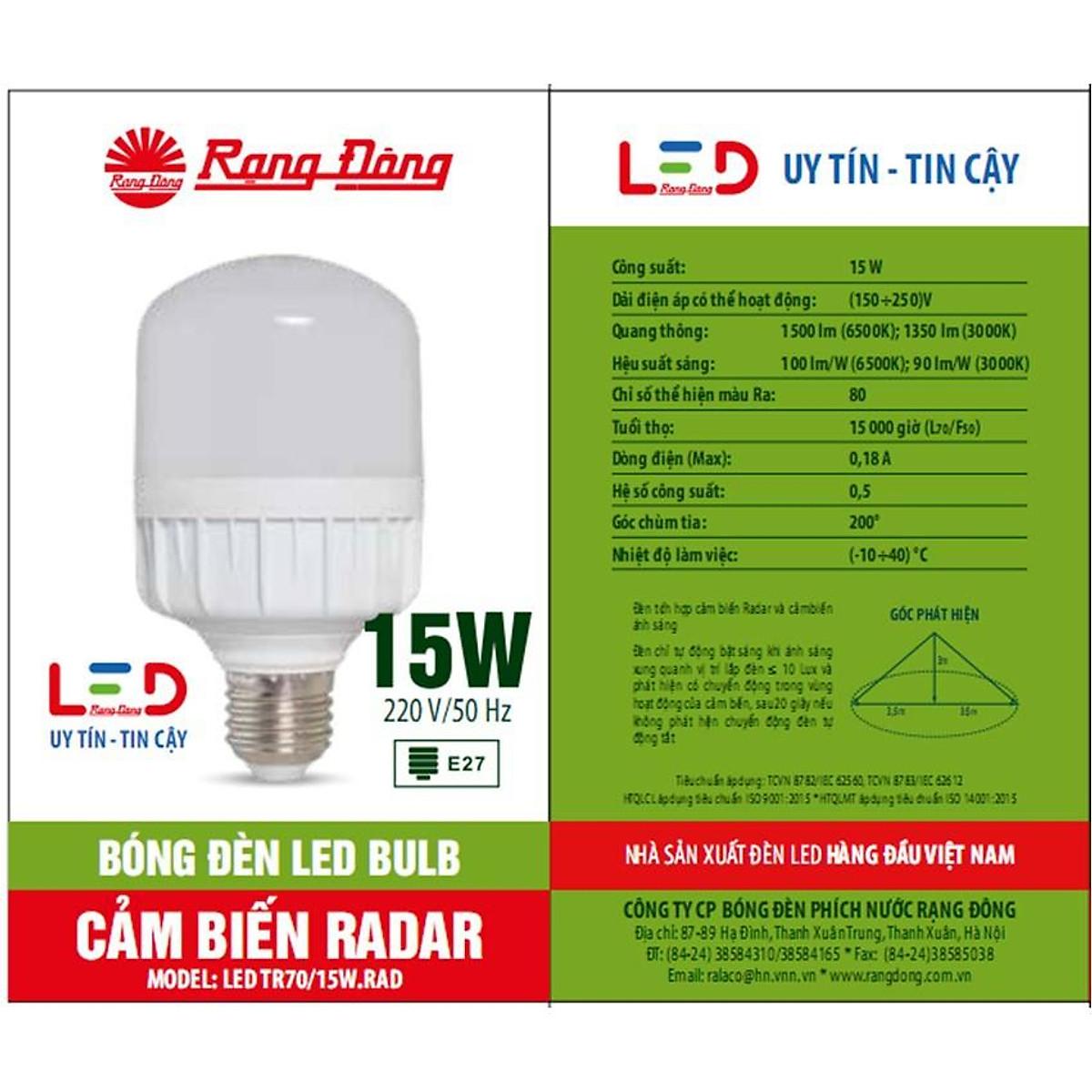 Đèn cảm biến radar 7W/9W/15W LED Rạng Đông - LED TR70/15W.RAD