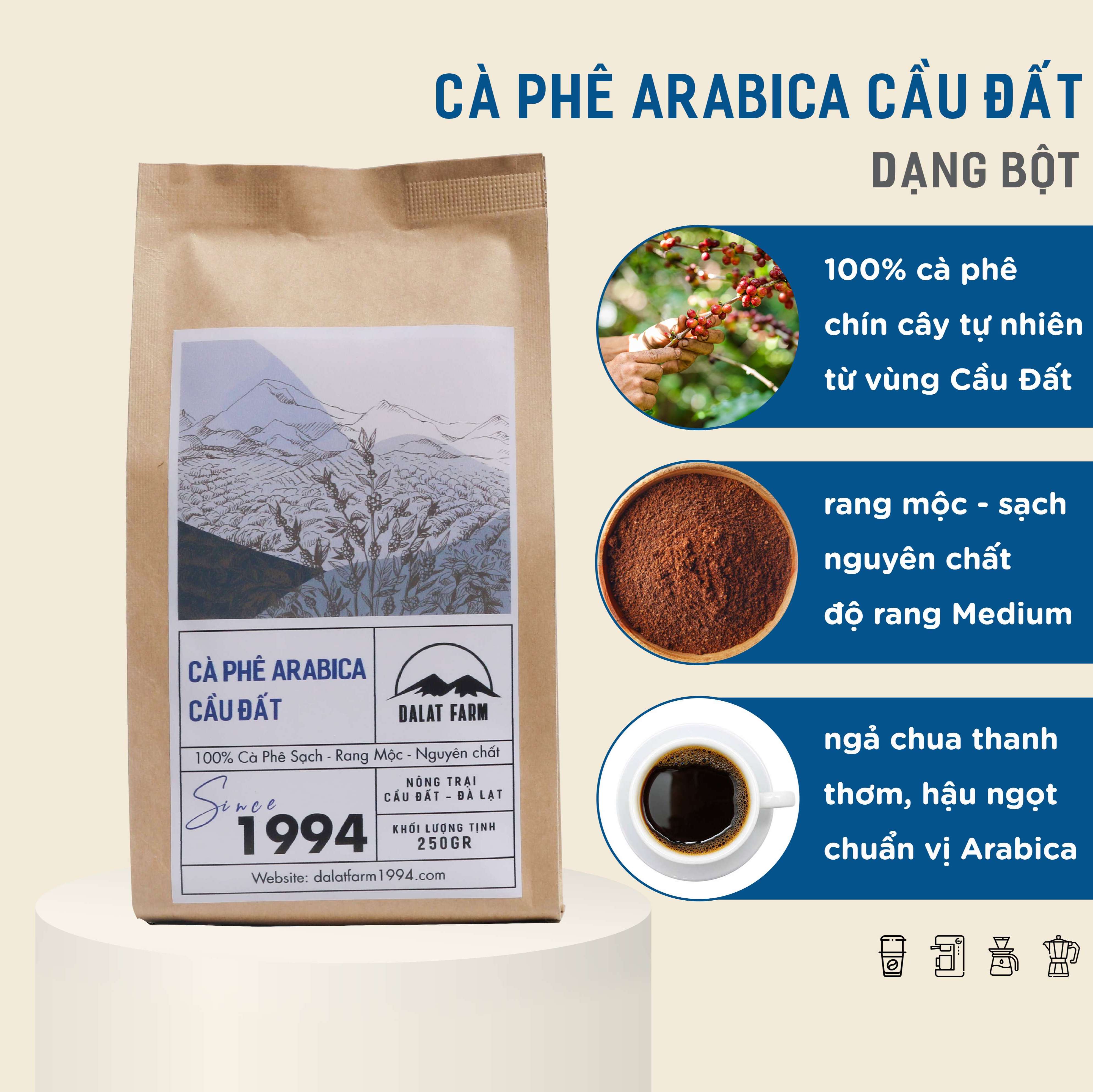 Hình ảnh Cà phê Arabica Cầu Đất rang mộc sạch nguyên chất - Túi 250Gr (Dạng Bột)