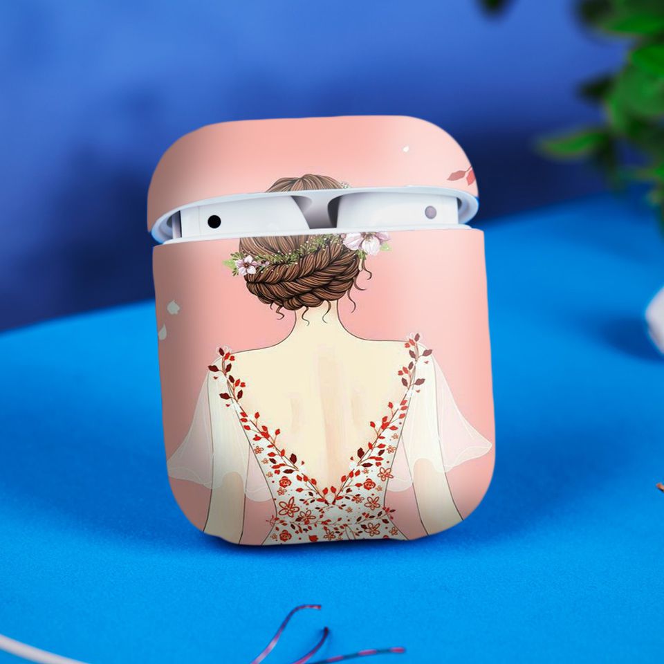 Miếng dán skin chống bẩn cho tai nghe AirPods in hình Cô gái váy hoa - Gin021 (bản không dây 1 và 2