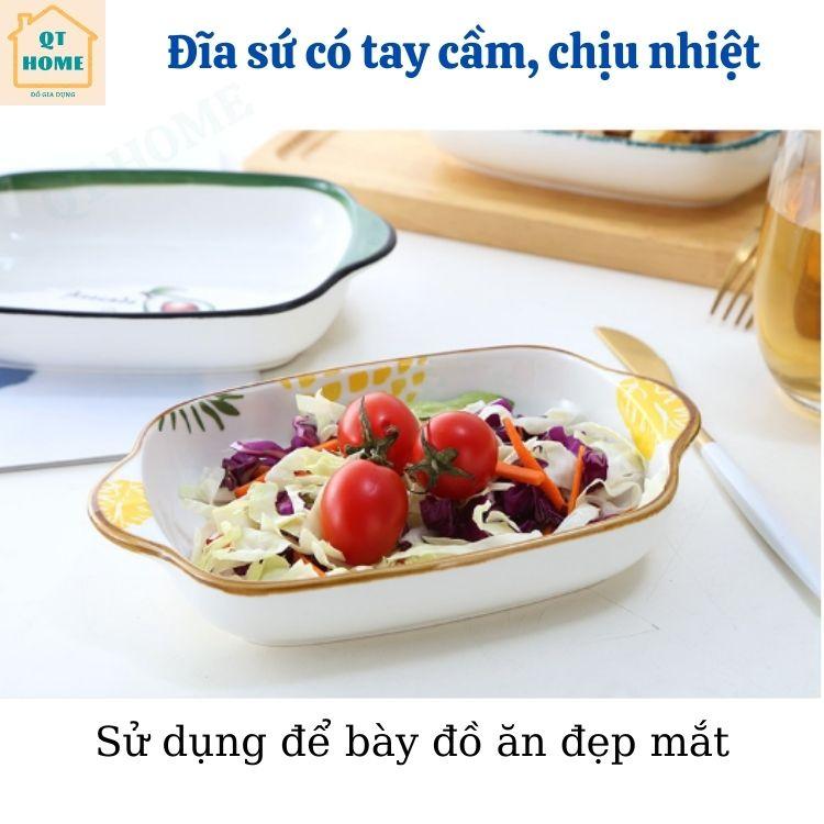 Đĩa Sứ Có Tay Cầm, Khay Nướng Sứ, Dĩa Sứ Sâu Lòng, Họa Tiết Hoa Quả, Trái Cây (Hình Thật)