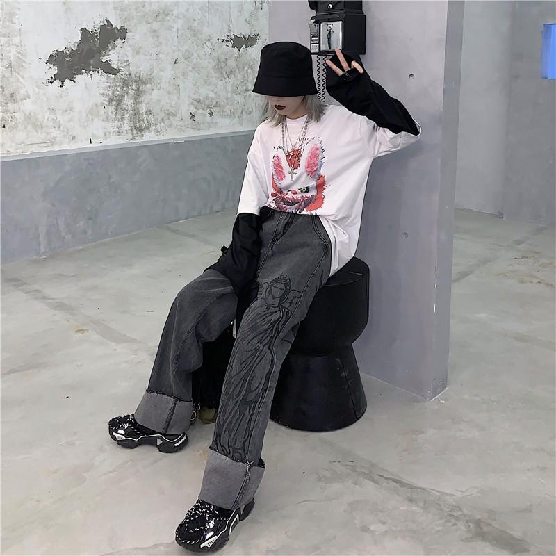 Quần jean ulzzang unisex xám họa tiết