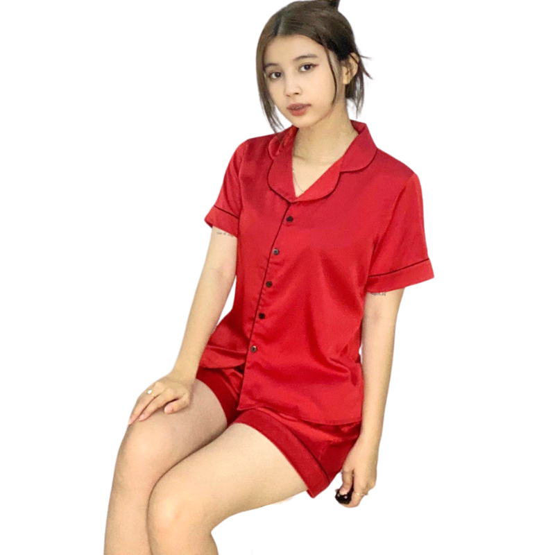 Bộ đồ Pijama lụa, đồ mặc nhà nữ VILADY - B125 kiểu quần đùi tay cộc họa tiết trơn, chất liệu lụa Pháp cao cấp - Màu đỏ đô