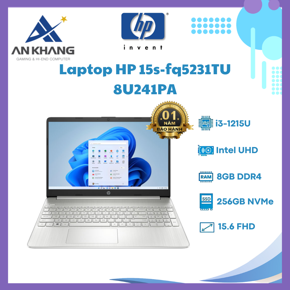 Laptop HP 15s fq5231TU 8U241PA (Core i3 1215U/ 8GB/ 256GB SSD/ Intel UHD Graphics/ 15.6inch Full HD/ Windows 11 Home/ Silver/ Vỏ nhựa) - Hàng Chính Hãng - Bảo Hành 12 Tháng