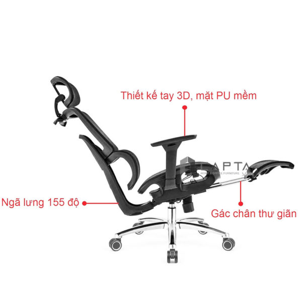 Ghế công thái học có gác chân màu đen CR4324-M Nội thất CAPTA Ghế ngồi làm việc tại nhà hỗ trợ cột sống lưng và mặt ngồi vải lưới khung tay ghế nhựa có gác chân thép mạ chrome