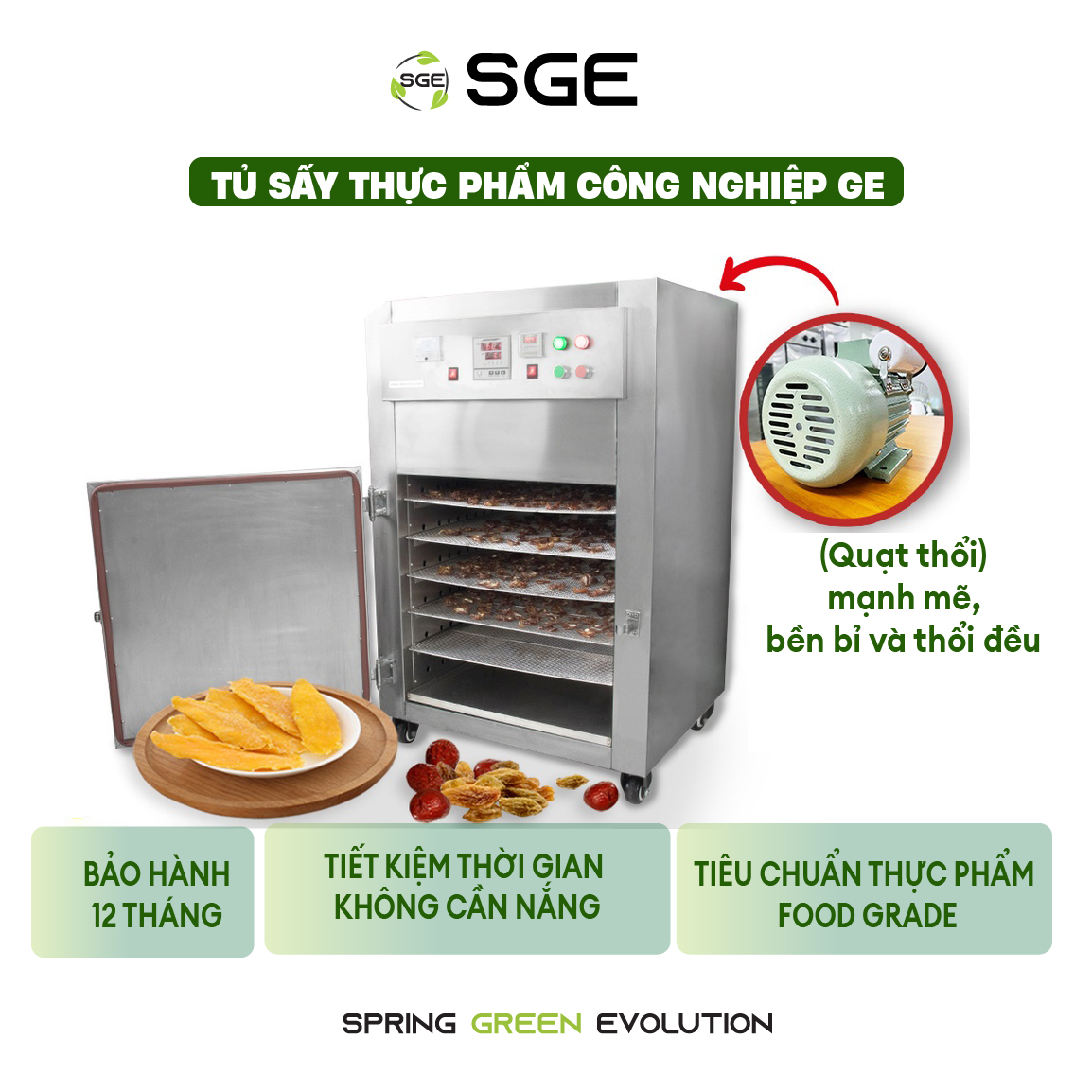 Máy Sấy Công Nghiệp 6 Khay Vuông GE60. Sấy Được Mọi Loại Thực Phẩm, Số Lượng Lớn, Phù Hợp Hộ Kinh Doanh, Nhà Hàng, Sản Xuất Công Nghiệp. Hàng Nhập Khẩu Chính Hãng Sge Thailand