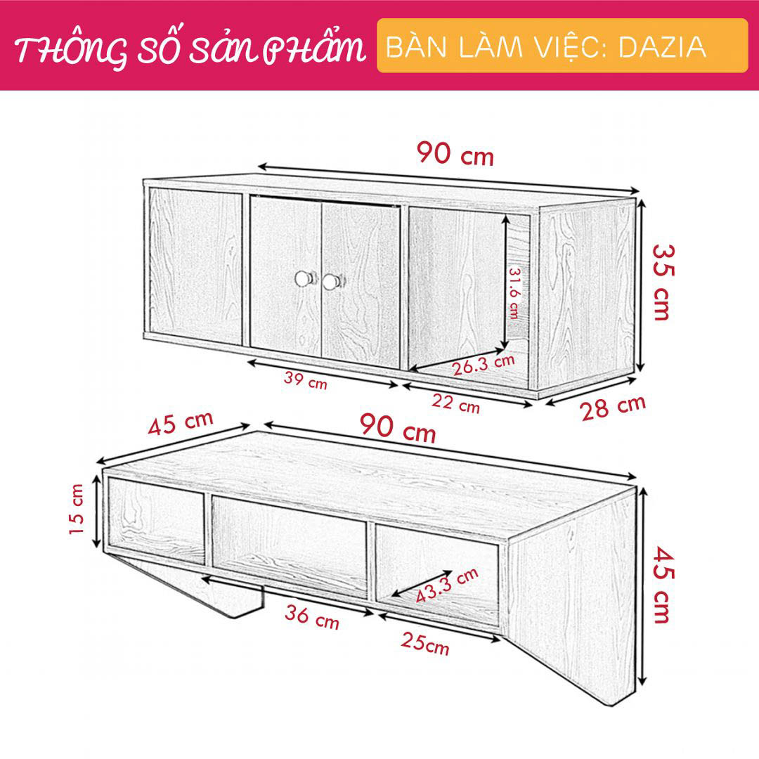 Bàn làm việc, bàn học gỗ hiện đại SMLIFE Dazia | Gỗ MDF dày 17mm chống ẩm | D90xR45xC45cm