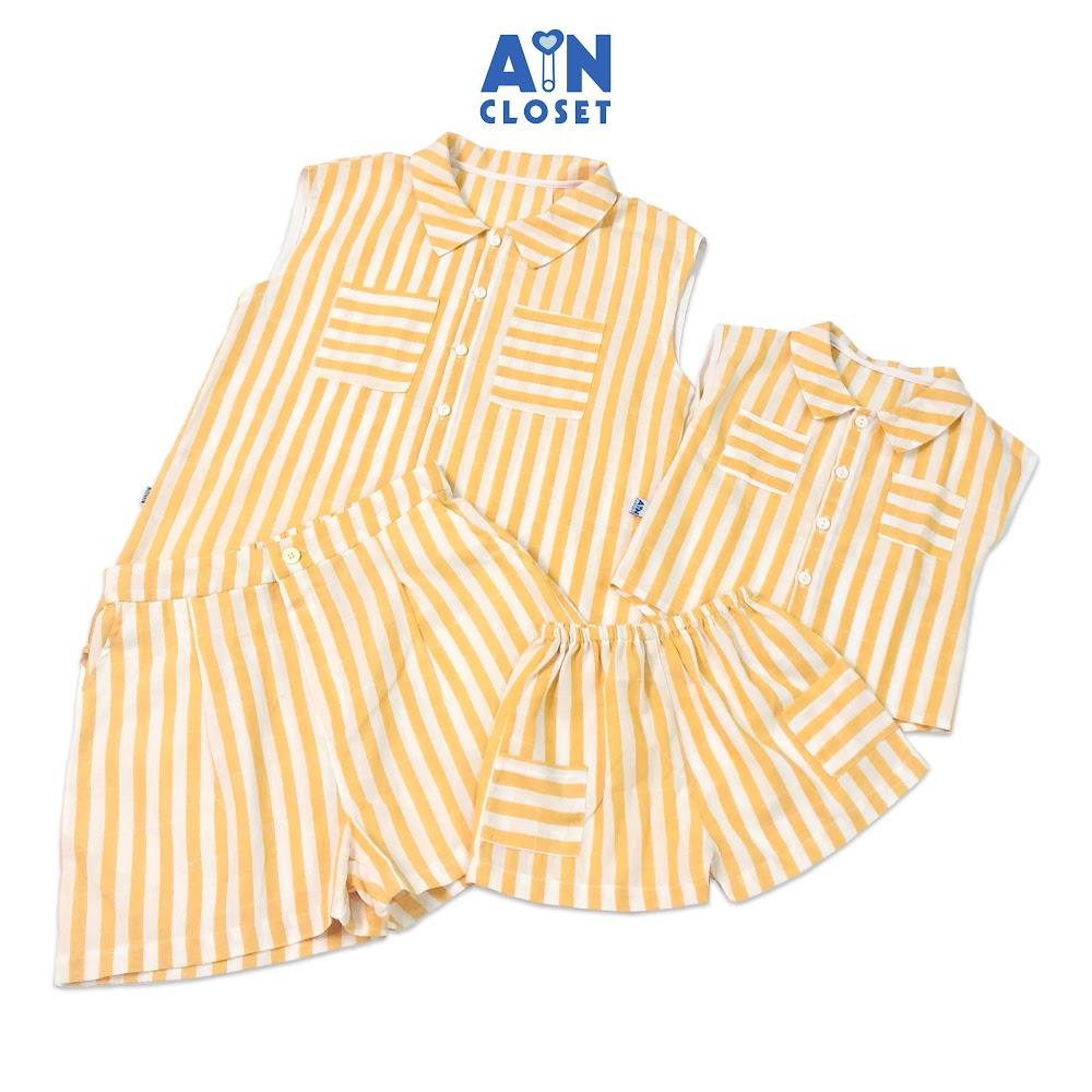 Bộ quần áo ngắn cho mẹ họa tiết Kẻ vàng trắng cổ sơ mi linen cotton - AICDMEXU7K6V - AIN Closet
