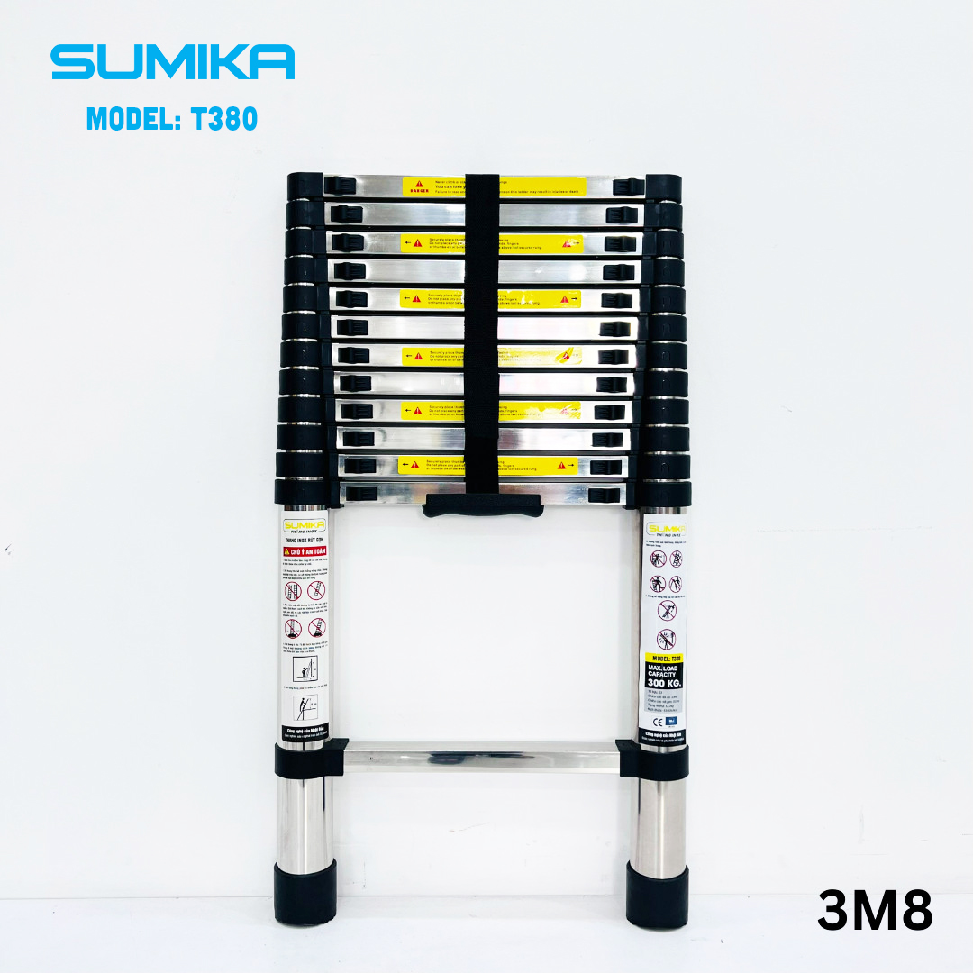 Thang Inox rút gọn SUMIKA T380 - Chiều cao tối đa 3,8m, chiều cao rút gọn 0,83m, tải trọng 300kg
