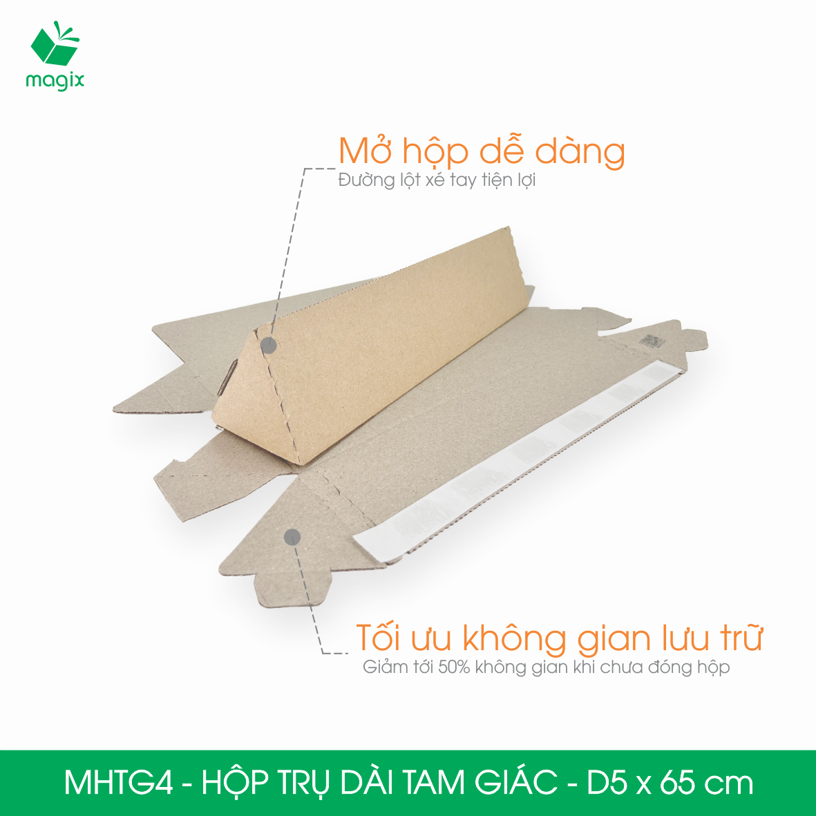MHTG4 - D5x65 cm - 60 Hộp trụ dài tam giác thay thế ống giấy - Hộp carton đóng gói hàng