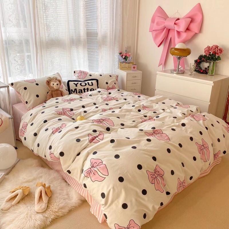 Bộ Chăn Ga Gối Cotton Living 100%cotton Hàng Nhập Khẩu Cao Cấp 4 Món Nơ Chấm Bi