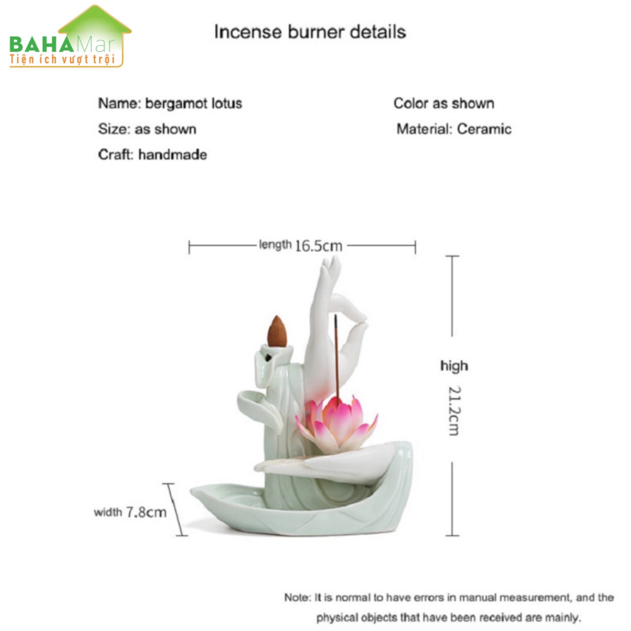 LƯ HƯƠNG TRẦM THÁC KHÓI CHẢY NGƯỢC BÀN TAY PHẬT GIÁO TRÁNG MEN NGỌC "BAHAMAR" được sản xuất với chất liệu gốm sứ tráng men ngọc, cổ điển và tinh tế.