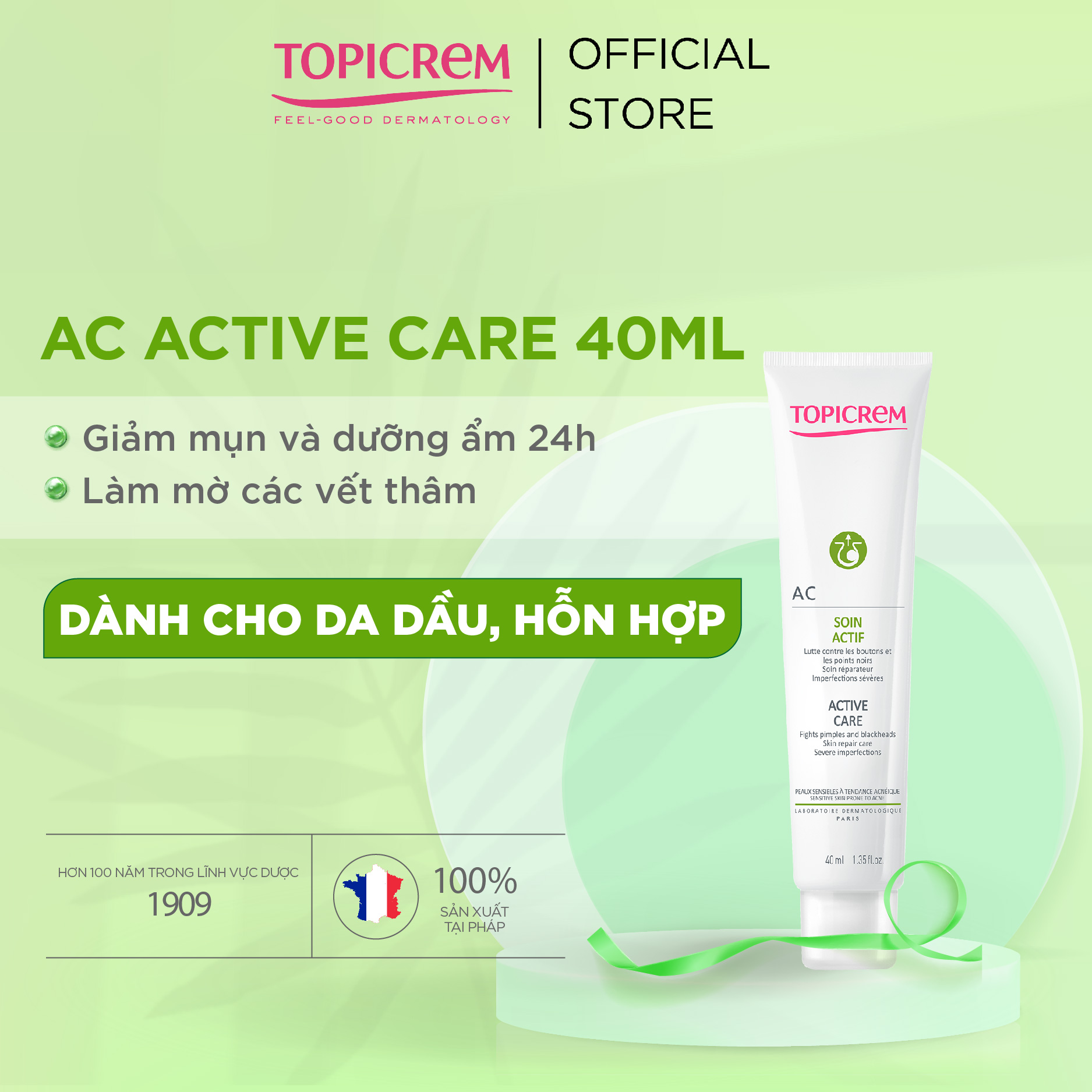 TOPICREM AC Active care 40ml - Kem làm giảm mụn và dưỡng ẩm giúp làm êm dịu và mềm mịn da