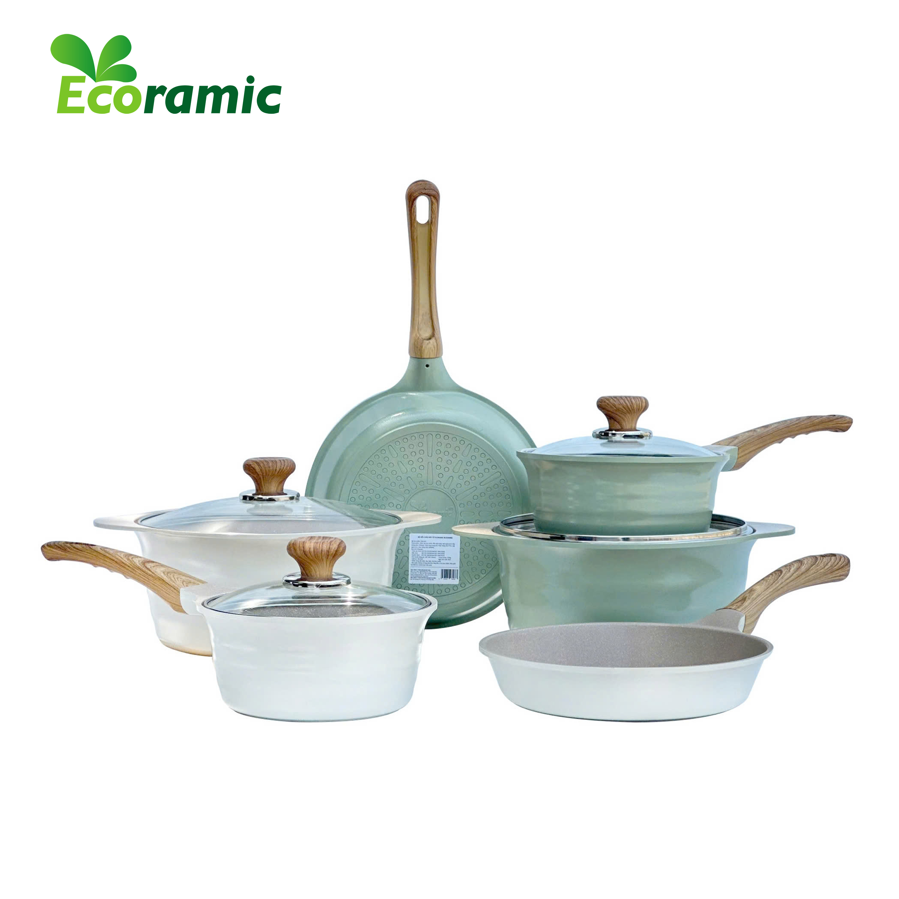 Ecoramic Blooming - Bộ Nồi Chảo Vân Đá Đáy Từ Chống Dính Cao Cấp - 2 màu lựa chọn Mint/Ivory