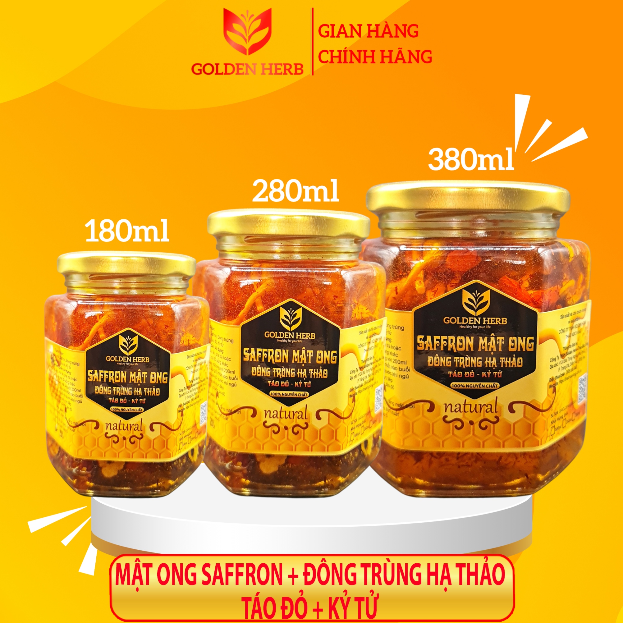 Mật Ong Saffron Đông Trùng Hạ Thảo Táo đỏ Kỷ tử 280ml/lọ Golden Herb