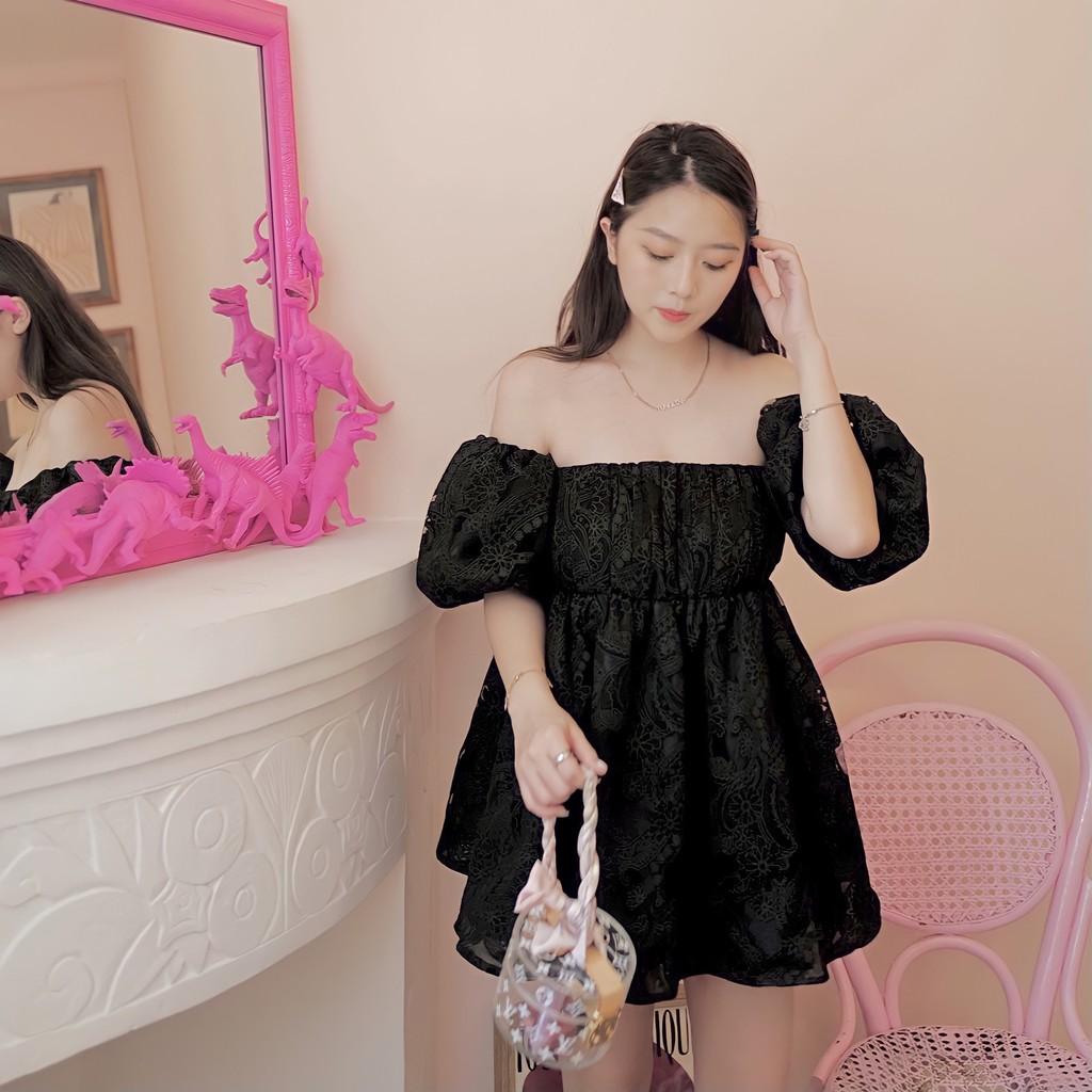 Áo trễ vai babydoll tay phồng chun ngực vân hoa tingoan FOREVER PRETTY TOP/BL