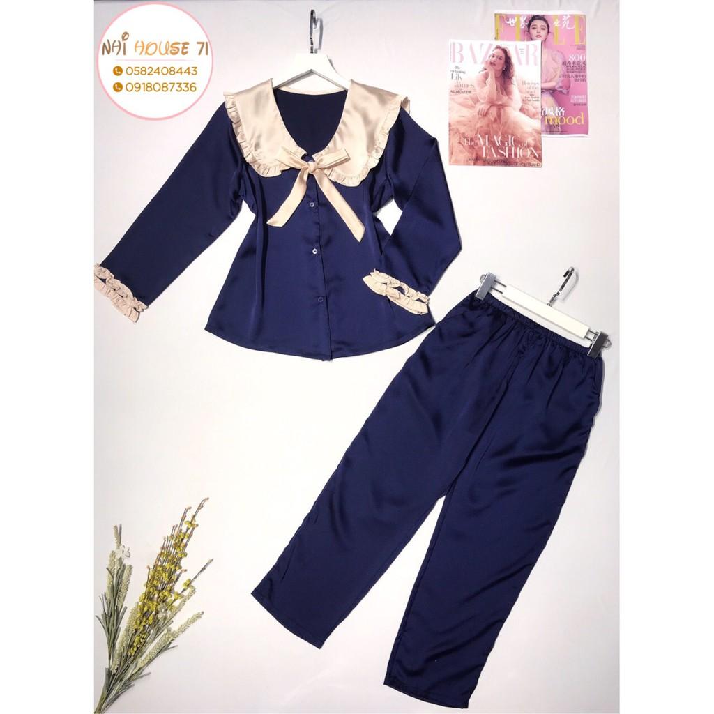 Bộ lụa Pijama - Bộ Quần Dài Tay Dài Lụa Satin Tiểu Thư Cổ Phối Bèo Nơ Freesize 45-65kg