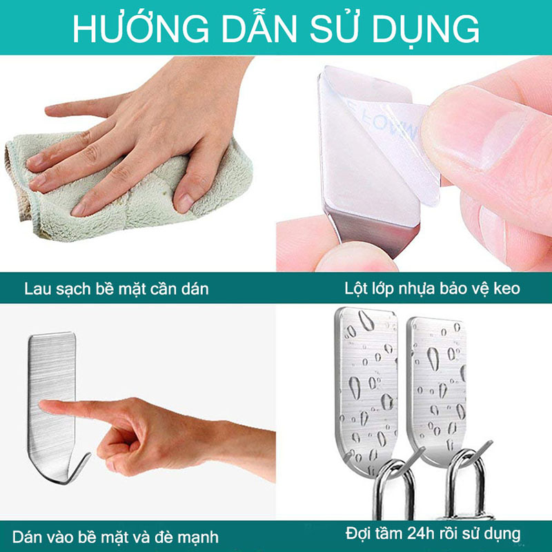 Bộ 8 móc treo đồ Inox 304 dán tường gạch men - có sẵn keo dán, không rỉ sét - HOBBY MDT3055-2