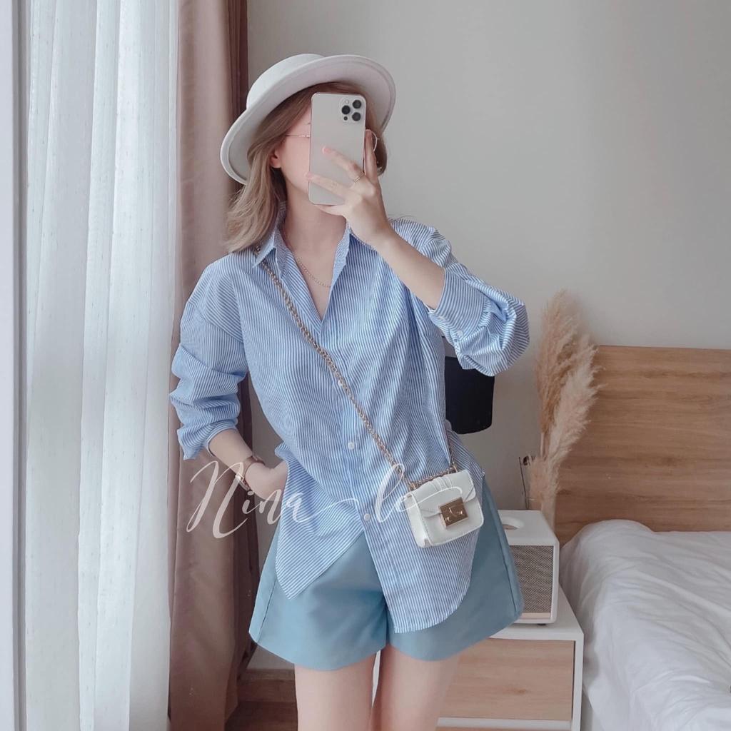 Sét bộ đồ nữ áo sơ mi dài tay kẻ sọc đa dạng màu sắc phối quần đùi xinh xắn.