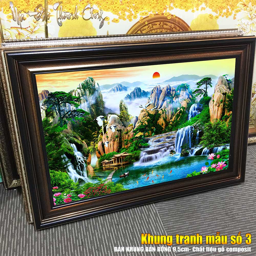 Tranh treo tường phòng khách, phòng ngủ SƠN THỦY HỮU TÌNH khung gỗ composit chất liệu pvc gương / lụa kim sa. MS:1824L9
