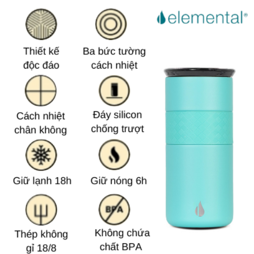 LY GIỮ NHIỆT ELEMENTAL MÀU XANH LAM , ĐẠT CHUẨN FDA HOA KỲ, THÉP 304 KHÔNG GỈ, GIỮ NÓNG LẠNH