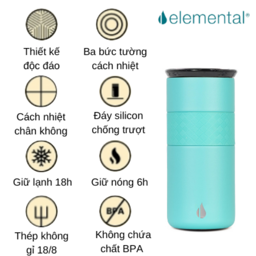 LY GIỮ NHIỆT ELEMENTAL MÀU XANH LAM (480ML), ĐẠT CHUẨN FDA HOA KỲ, THÉP 304 KHÔNG GỈ, GIỮ NÓNG LẠNH