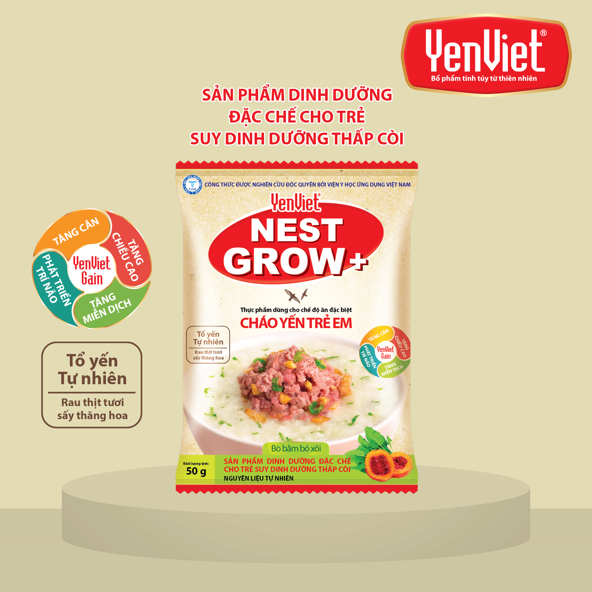 Yến Việt - Cháo yến trẻ em Nest Grow công thức đặc chế cho trẻ suy dinh dưỡng thấp còi, nhiều vị, thùng 30g x 50g