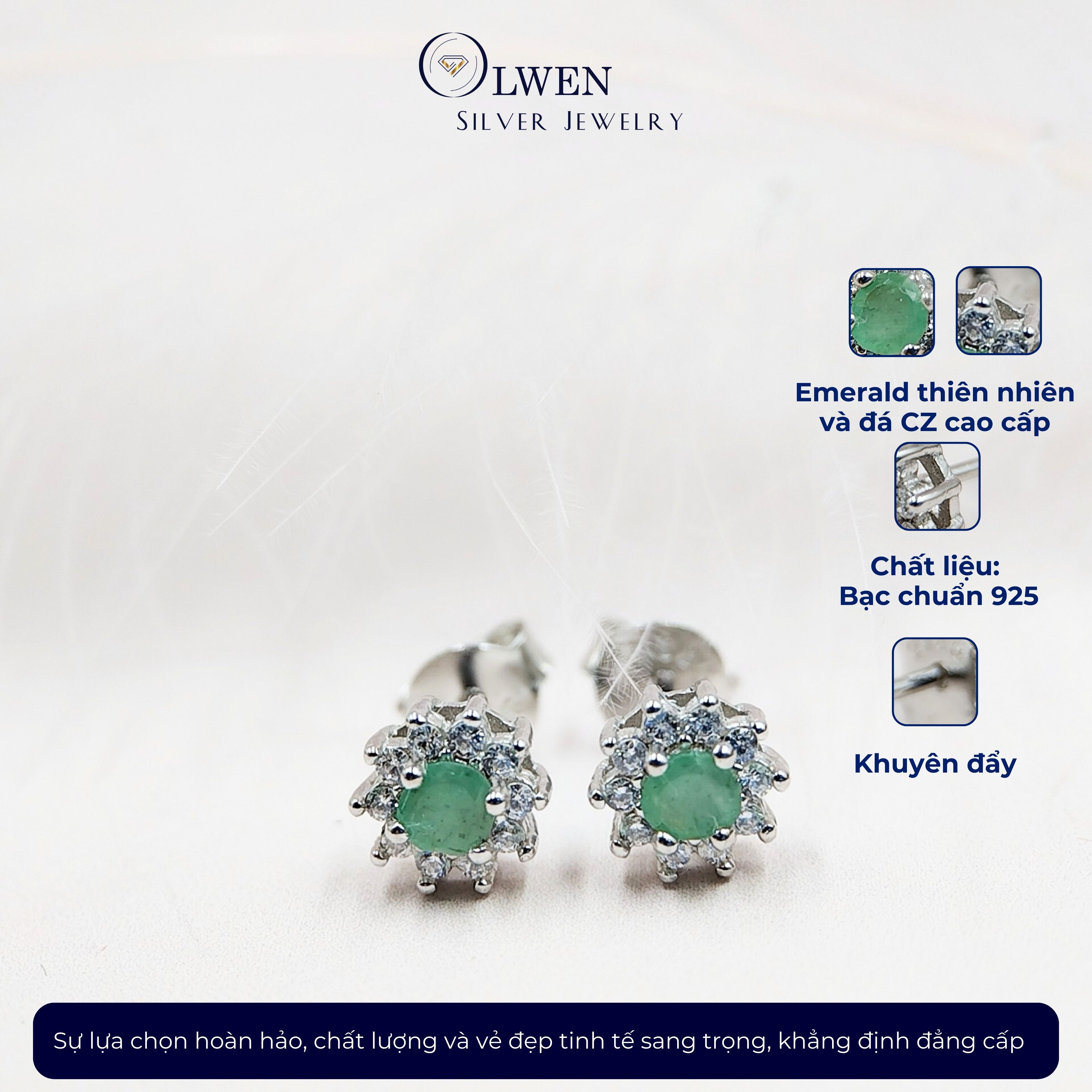 Đôi Bông Tai Nữ Bạc 925 Olwen Đính Đá Phong Thủy Emerald