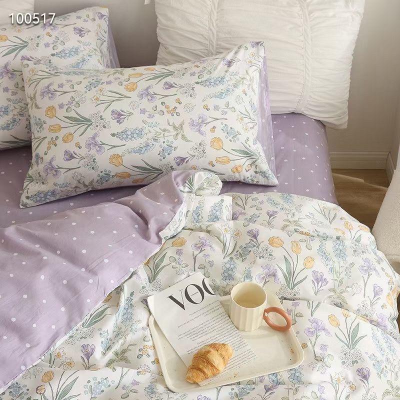 Set Cotton Living Hàn Quốc Hàng Nhập Khẩu Cao Cấp 4 Món Hoa Tím Vintage
