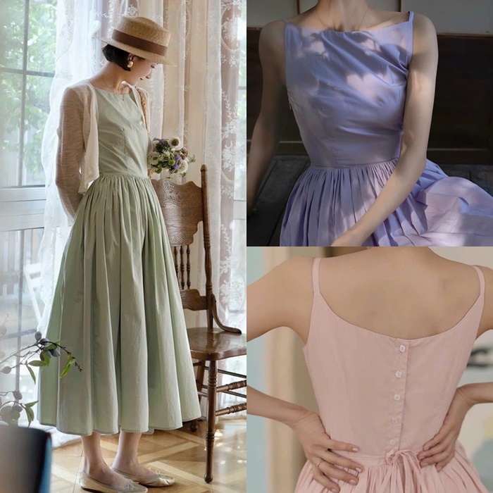 ĐẦM MIDI DÀI SUÔNG 2 DÂY MÀU PASTEL TRƠN XẾP LY XÒE MAXI DẠO PHỐ ĐI TIỆC ĐI BIỂN ĐI CHƠI