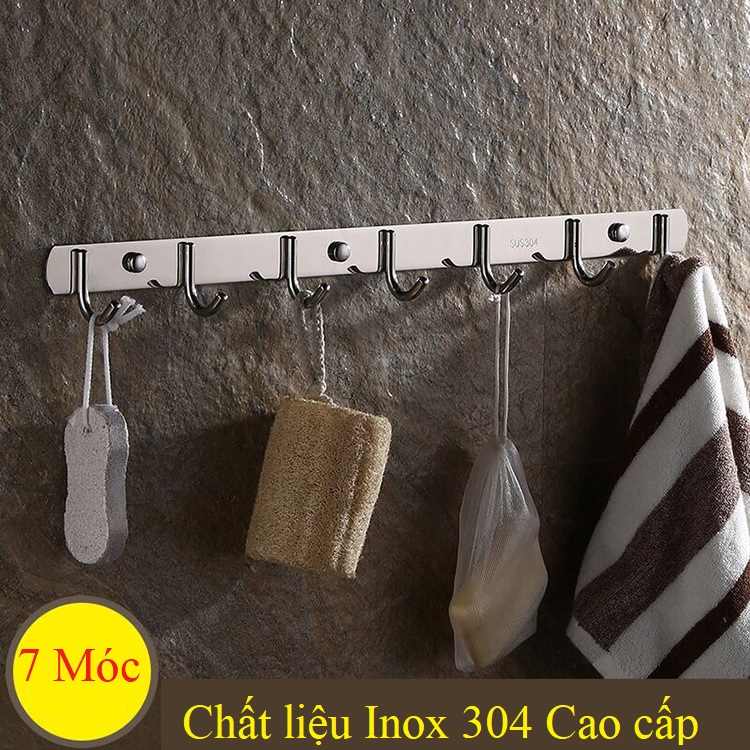 Móc Treo Quần Áo 7 móc Inox SUS 304 Sáng Bóng, Bền Đẹp - Có thể khoan hoặc dán tường tiện dụng