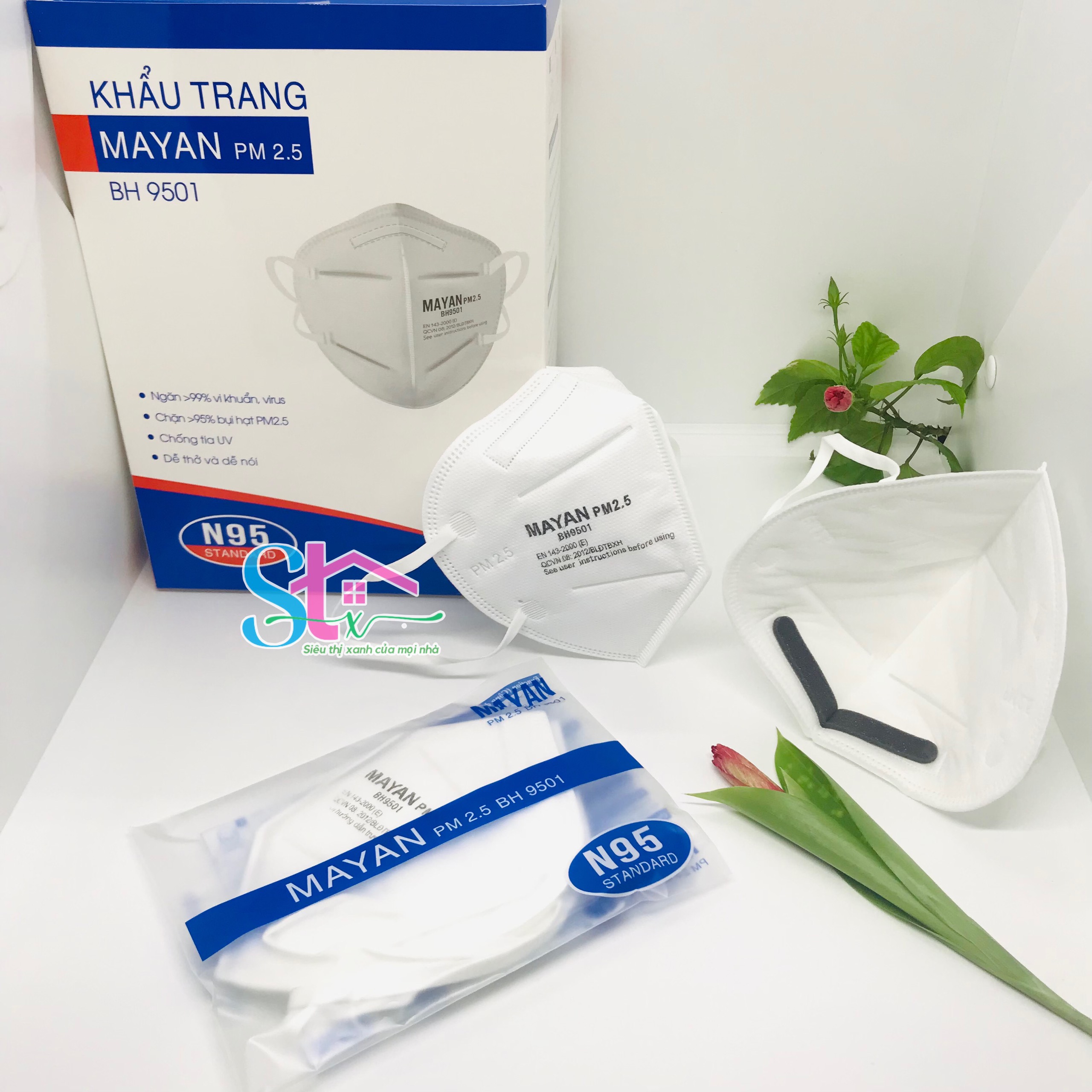 (20 cái) Khẩu trang Mayan PM2.5 BH9501 đệm mũi lọc kháng khuẩn than hoạt tính, Khẩu trang N95 BH9501V có van thở