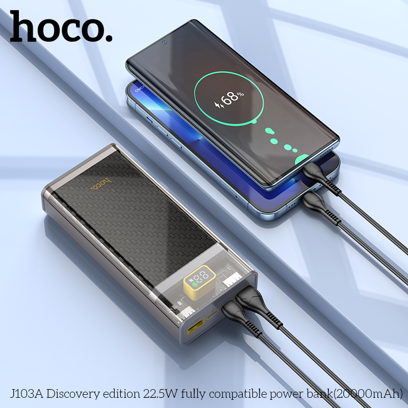 Pin sạc dự phòng Hoco J103A Discovery edition 22.5W 20000mAh với 2 cổng USB, 1 cổng Type C sạc nhanh cho nhiều thiết bị, thiết kế trong suốt, màn Led hiển thị pin - Hàng chính hãng