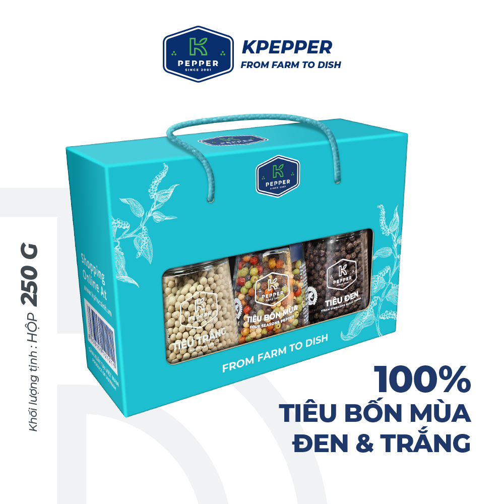 Hộp Vua tiêu K-Pepper gồm 3 loại tiêu xanh sấy lạnh, tiêu đen, tiêu trắng chuẩn xuất khẩu