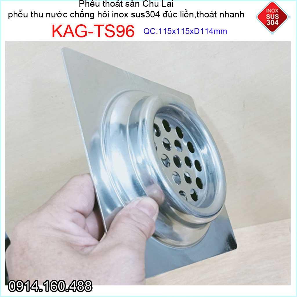Phễu thoát nước chống hôi 15x15cm KAG-TS96-D114, Thoát sàn Chu Lai ống 11.4cm SUS304 inox đúc dày thoát nhanh chặn tóc t