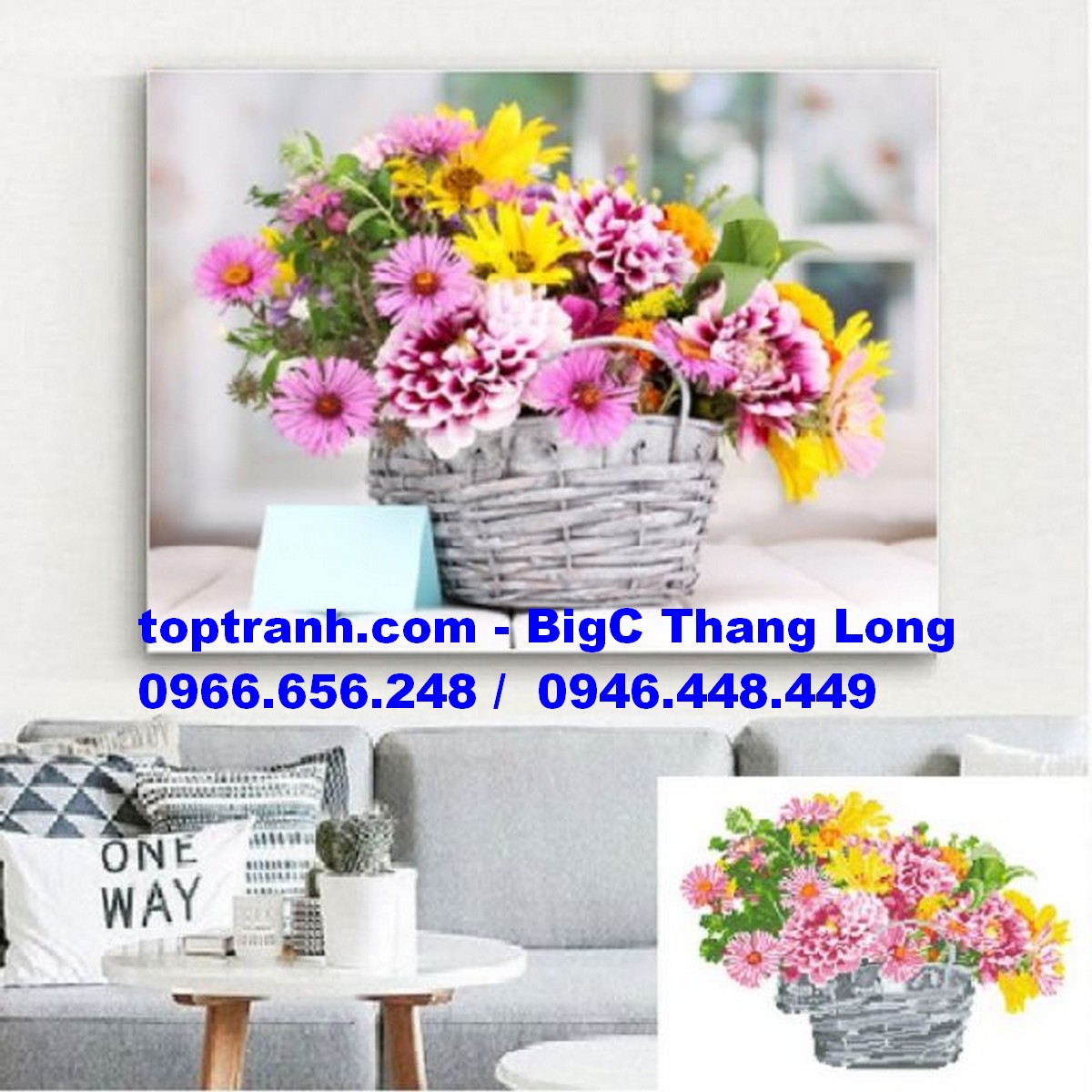 Tranh thêu chữ thập giỏ hoa đồng tiền, hoa thược dược khoe sắc LV3189 chưa thêu