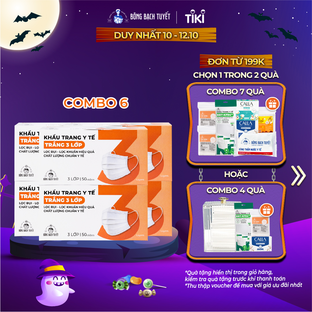 Combo 6 Hộp Khẩu trang Bông Bạch Tuyết 3 lớp trắng