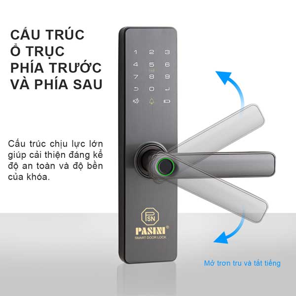 Khóa điện tử thông minh khóa vân tay cửa gỗ PASINI PS01VG50 - Thân khóa tự động, 5 cách mở cửa, mở khoá vân tay - Hàng Chính hãng