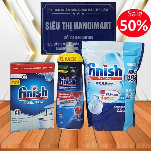 Combo Bột rửa bát Finish 2,5 kg + muối Somat 1,2kg + nước bóng Alio 1000ml