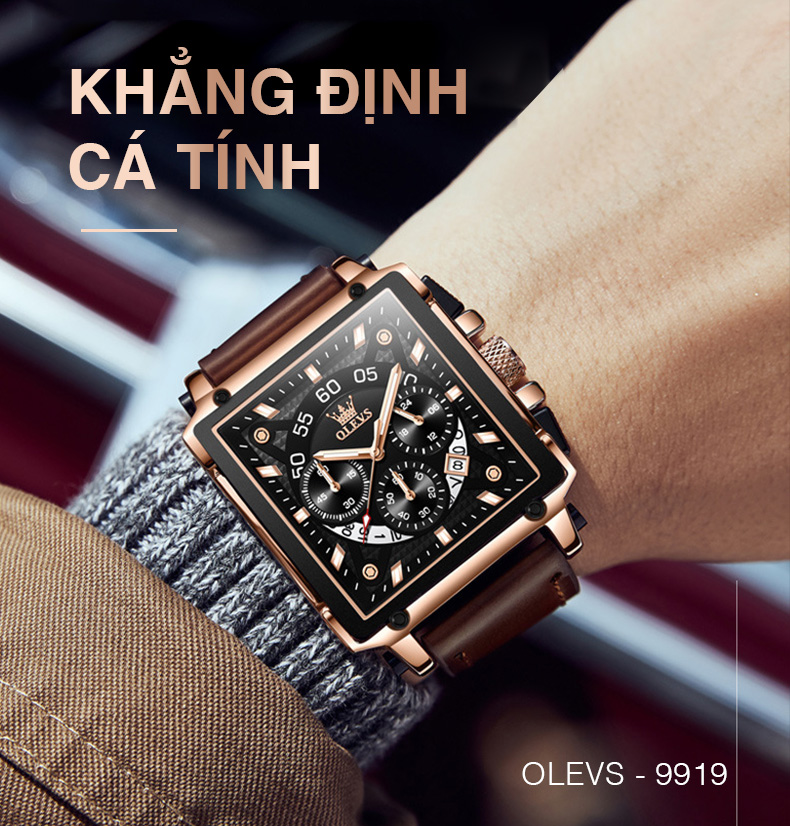 Đồng Hồ Nam OLEVS-9919 Mặt Vuông Cá Tính Mạ Vàng 18K Phong Cách Chronograph Chạy Đủ 6 Kim Có Ô Lịch Ngày, Dây Da Mềm, Rửa Tay Đi Mưa Bơi Lội