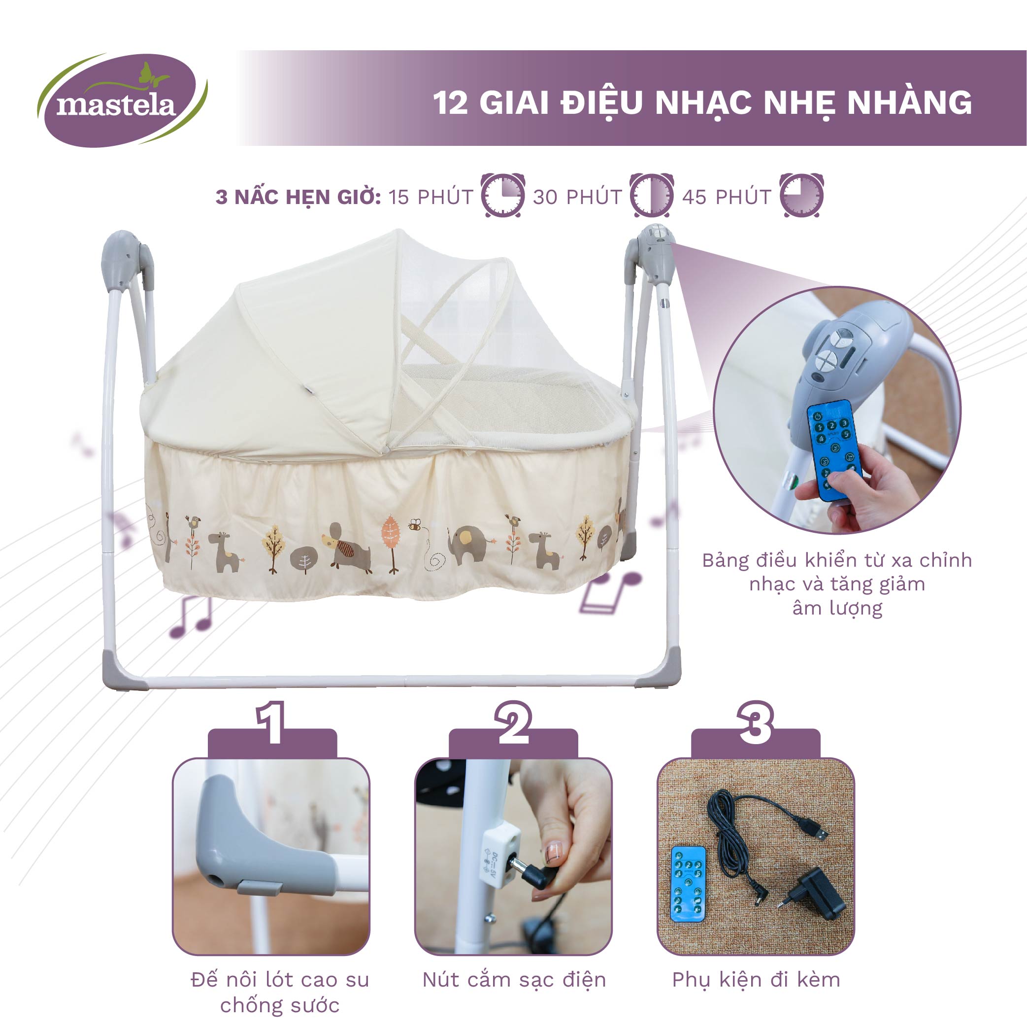 Nôi điện cho bé điều khiển từ xa kết hợp nhạc trắng ru ngủ Mastela SG239 - Nôi cho bé sơ sinh tới 2 tuổi bảo hành 12 tháng