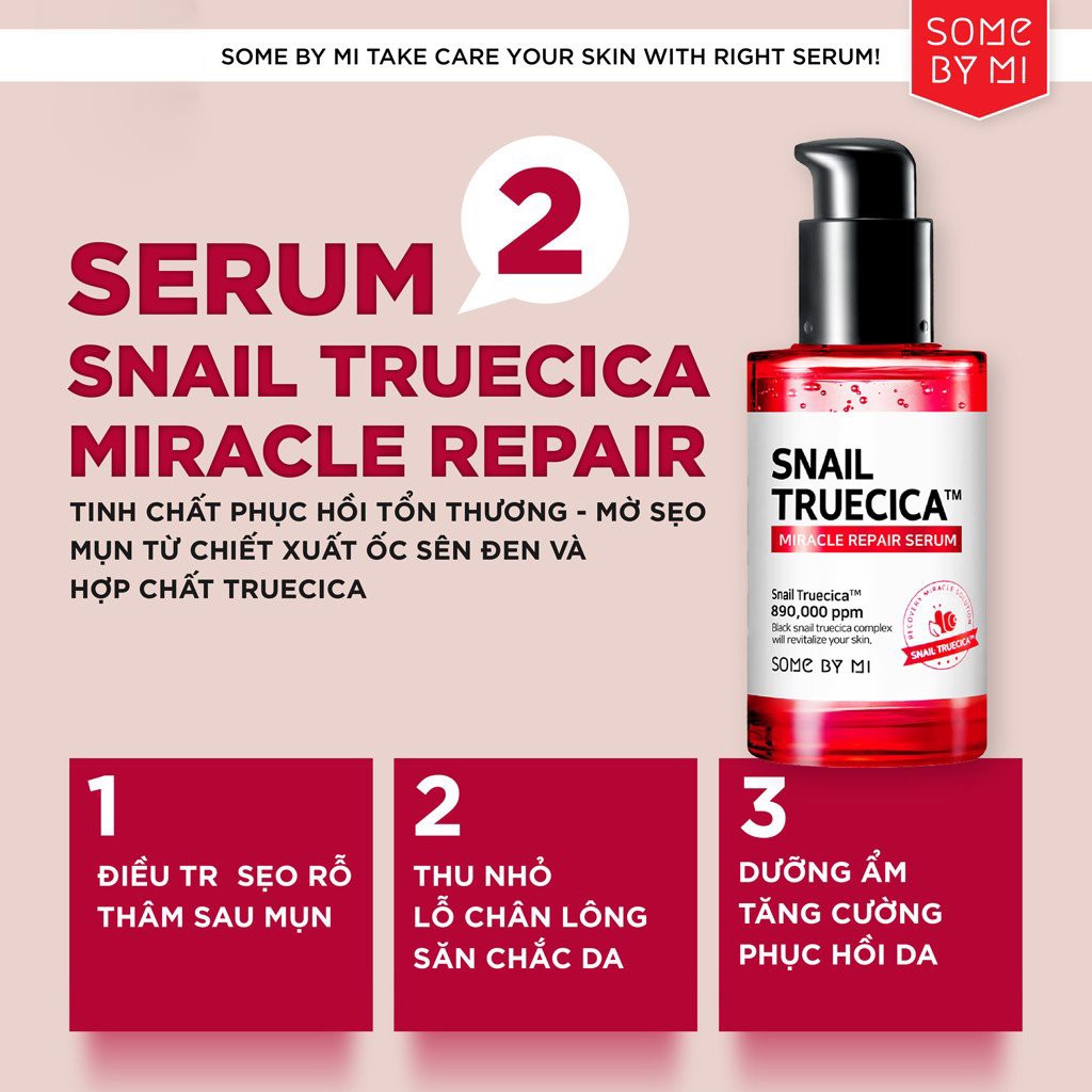 Serum Dưỡng Phục Hồi, Cải Thiện Vết Thâm, Sẹo Lõm Some By Mi Snail Truecica Miracle Repair Serum 50ml + Tặng 1 Mặt Nạ Sum37 Đen