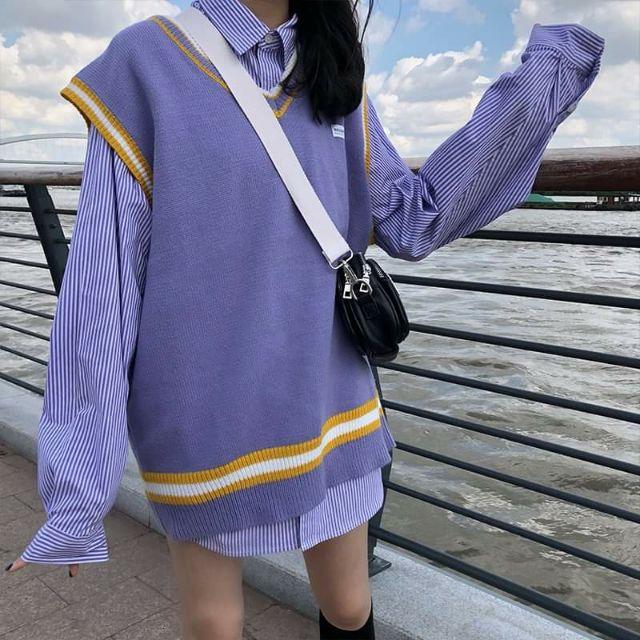 (Có sẵn) Áo gilê len màu hoa oải hương ulzzang