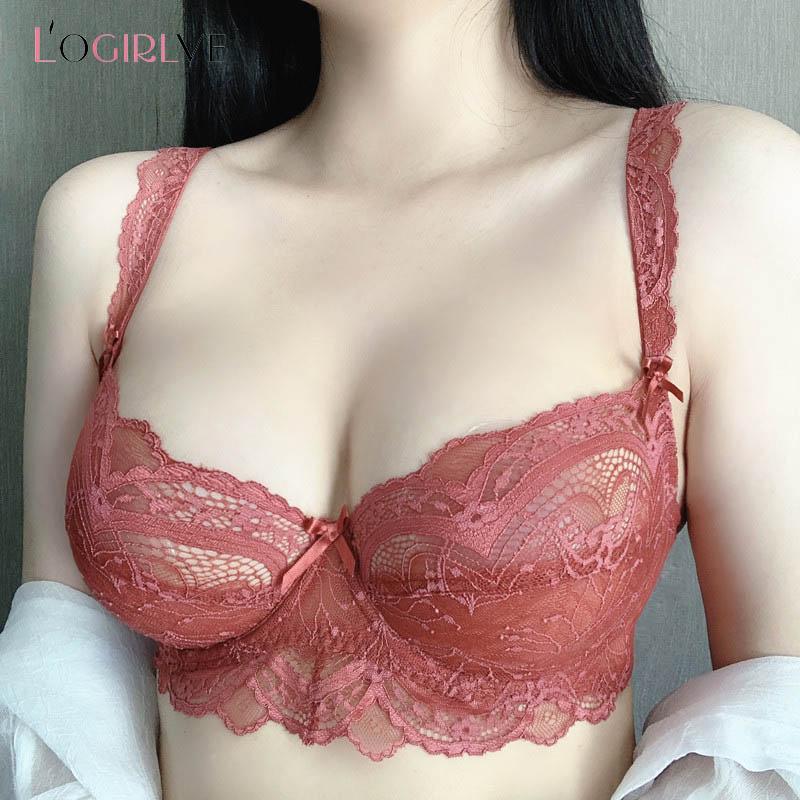Logirlve Mới Siêu Mỏng Áo Ngực Áo Quần Lót Plus Kích Thước D E Cup Thêu Nữ Lót Ren Trắng Lót Ren Khoét Hở