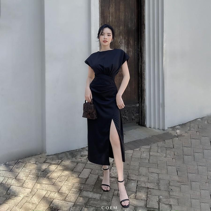 Đầm Lụa Dáng Dài Xẻ Đùi Chiết Eo Màu Đen CO EM Thiết Kế Phù Hợp Đi Tiệc Hẹn Hò Dạo Phố