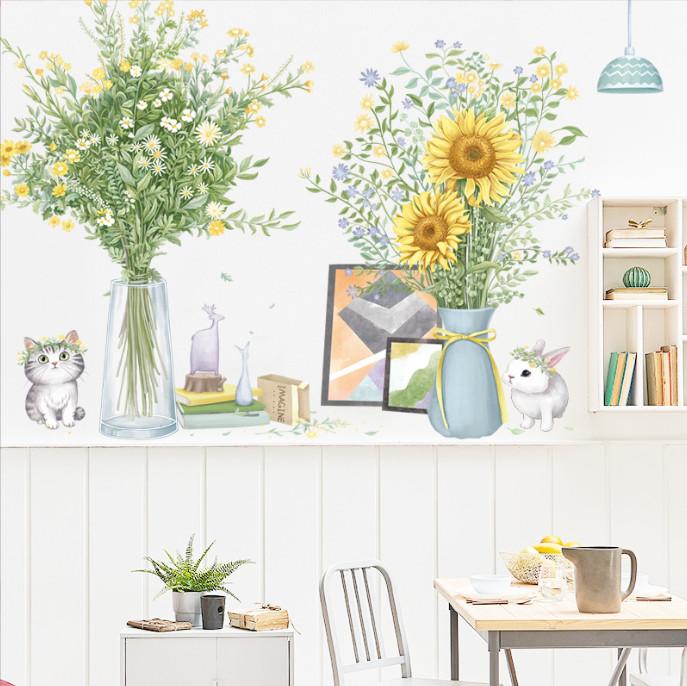 Decal trang trí tường - Bình hoa cỏ dại và hoa hướng dương