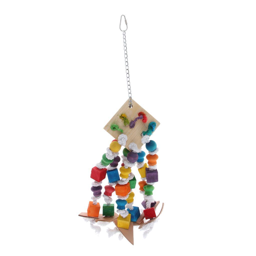 2 Pcs Hanging Toys for Pet Parrot,Colorful Wood Blocks Loofah Leather Swing