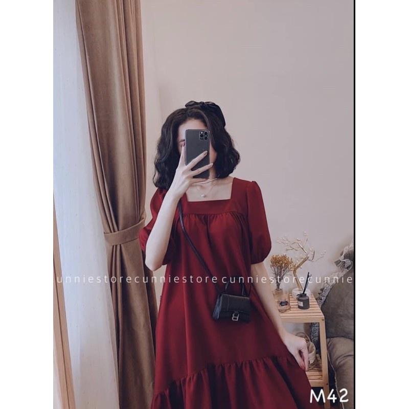 Váy maxi chất đũi freesize đuôi cá dáng rộng buộc dây sau - Đầm bầu from rộng hai màu đen, đỏ