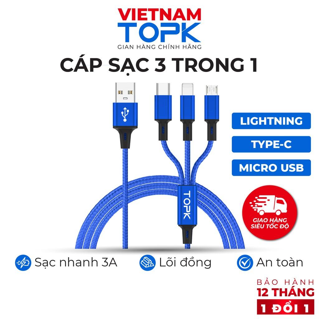 Dây sạc 3 đầu (iPhone, Type-C, Micro) dùng cho điện thoại TOPK AN20 Vỏ bện nylon dài 1.2m - Hàng chính hãng